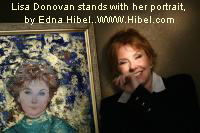 Lisa Donovan stands with her portrait, by Edna Hibel